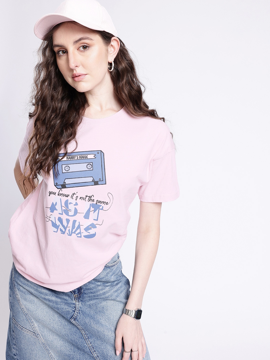 

glitchez Cool Chic Graphic Printed Oversized T-shirt, Pink