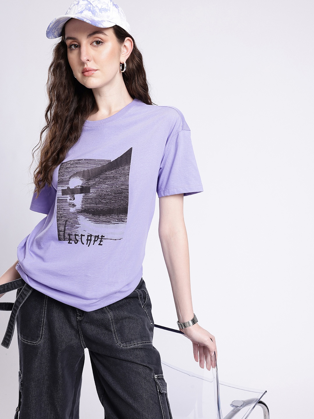 

glitchez Downtown Vibes Printed Oversized T-shirt, Purple