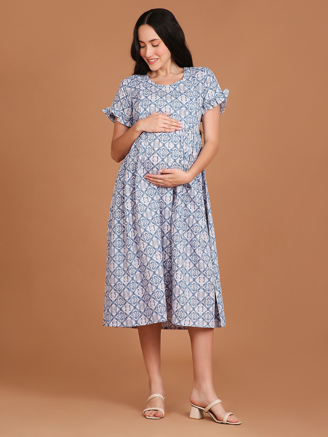 

NIGHTSPREE Ethnic Motifs Print Maternity Fit & Flare Dress, Blue