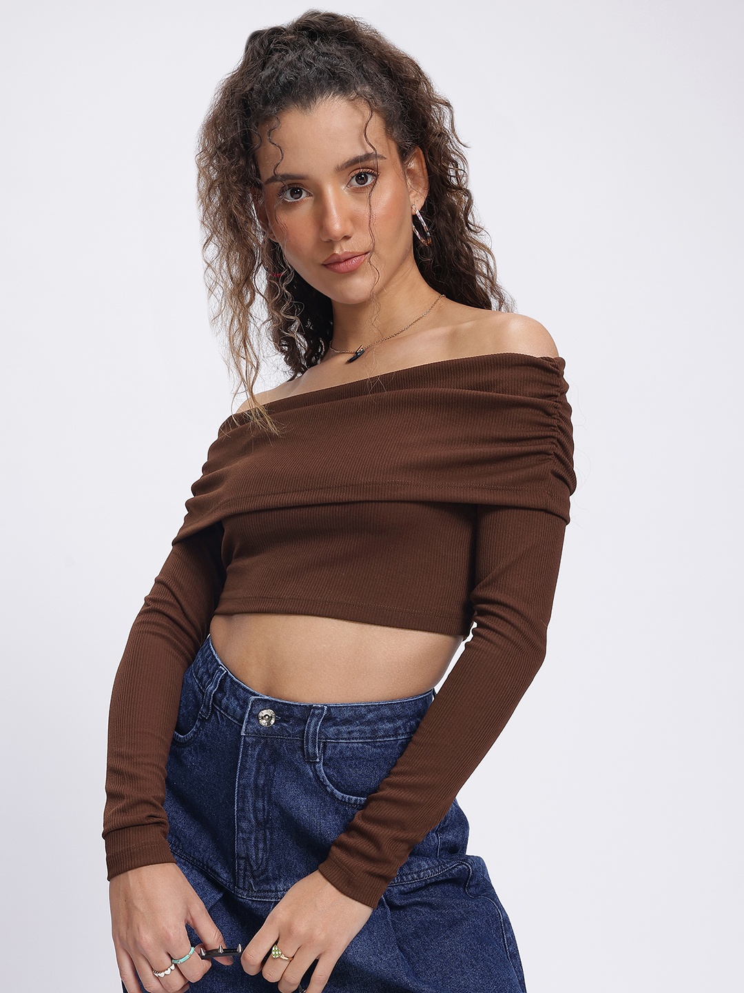 

glitchez Bardot Bliss Ribbed Off-Shoulder Crop Top, Brown