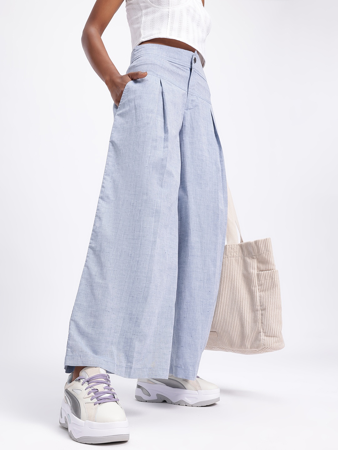 

glitchez Women Wide Comfort Pleated Relaxed Trousers, Blue