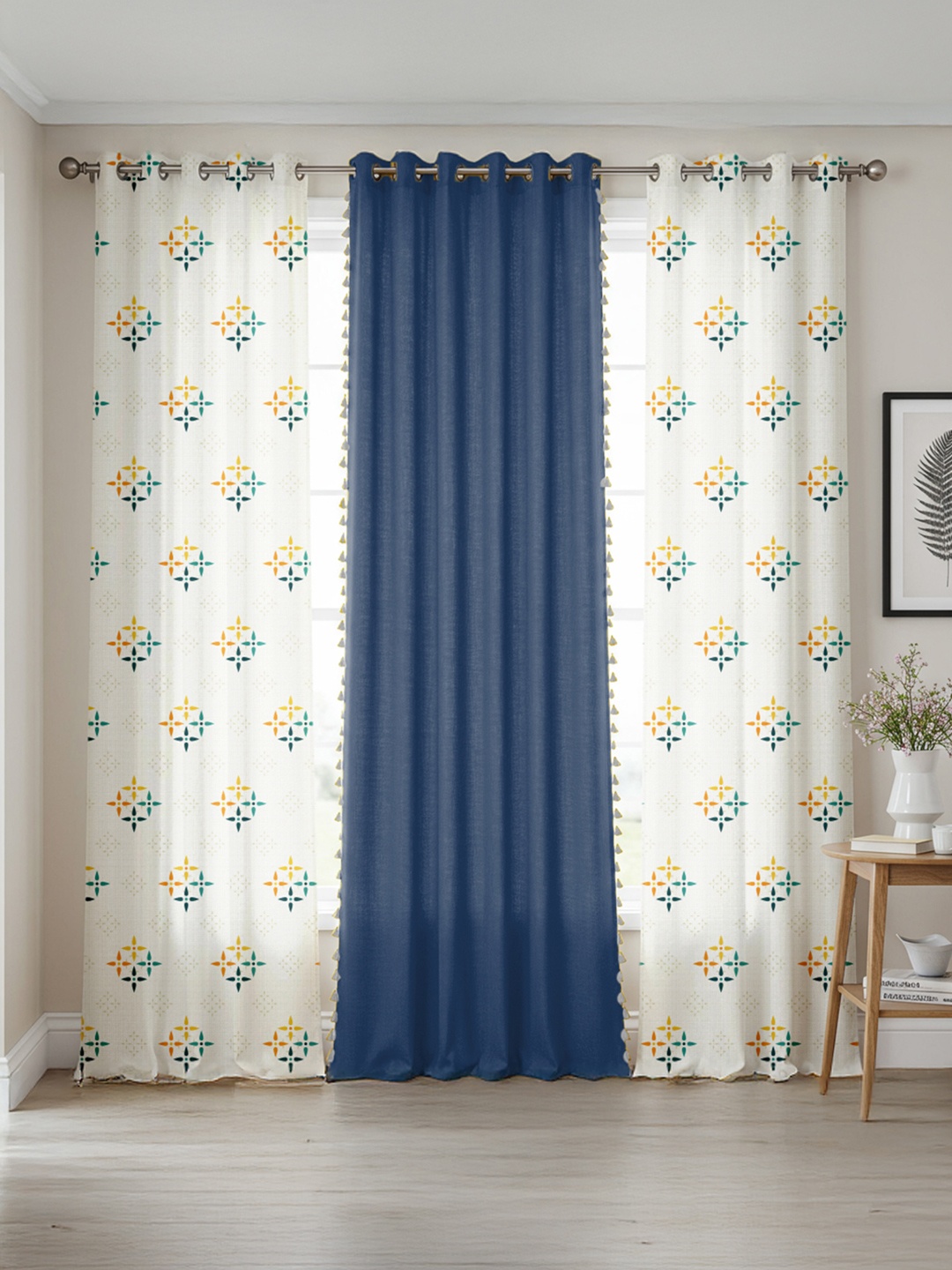 

URBAN SPACE Blue & White 3 Pieces Floral Printed Cotton Door Curtains