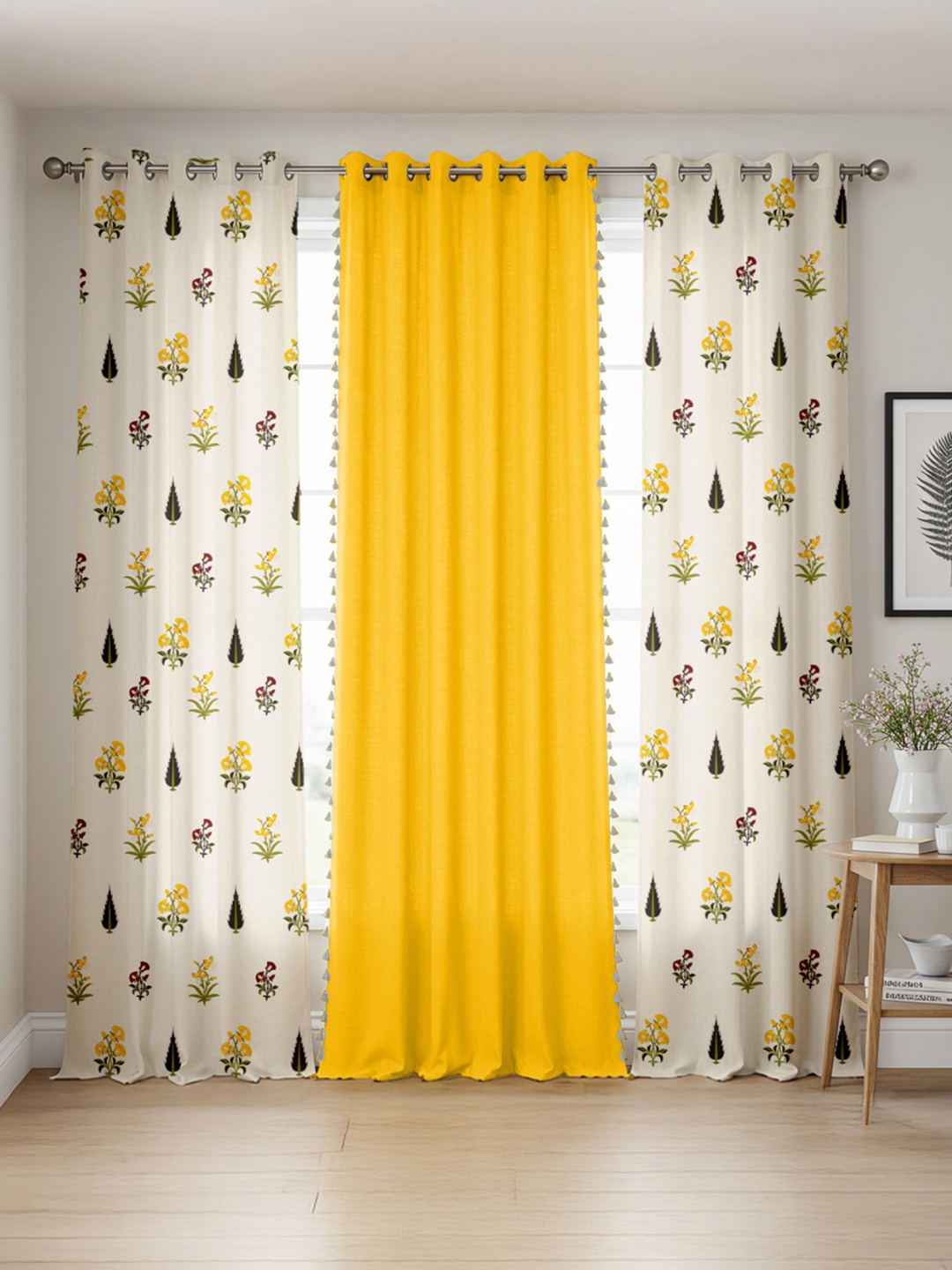 

URBAN SPACE Yellow & Cream-Coloured 3 Pieces Floral Printed Cotton Door Curtain