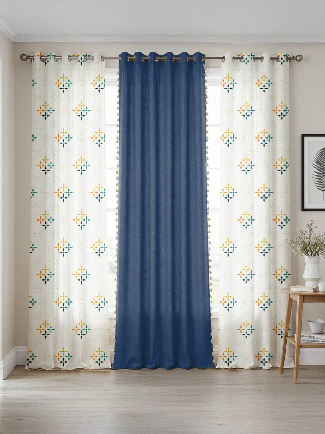 

URBAN SPACE Blue & White 3 Pieces Geometric Cotton Long Door Curtains