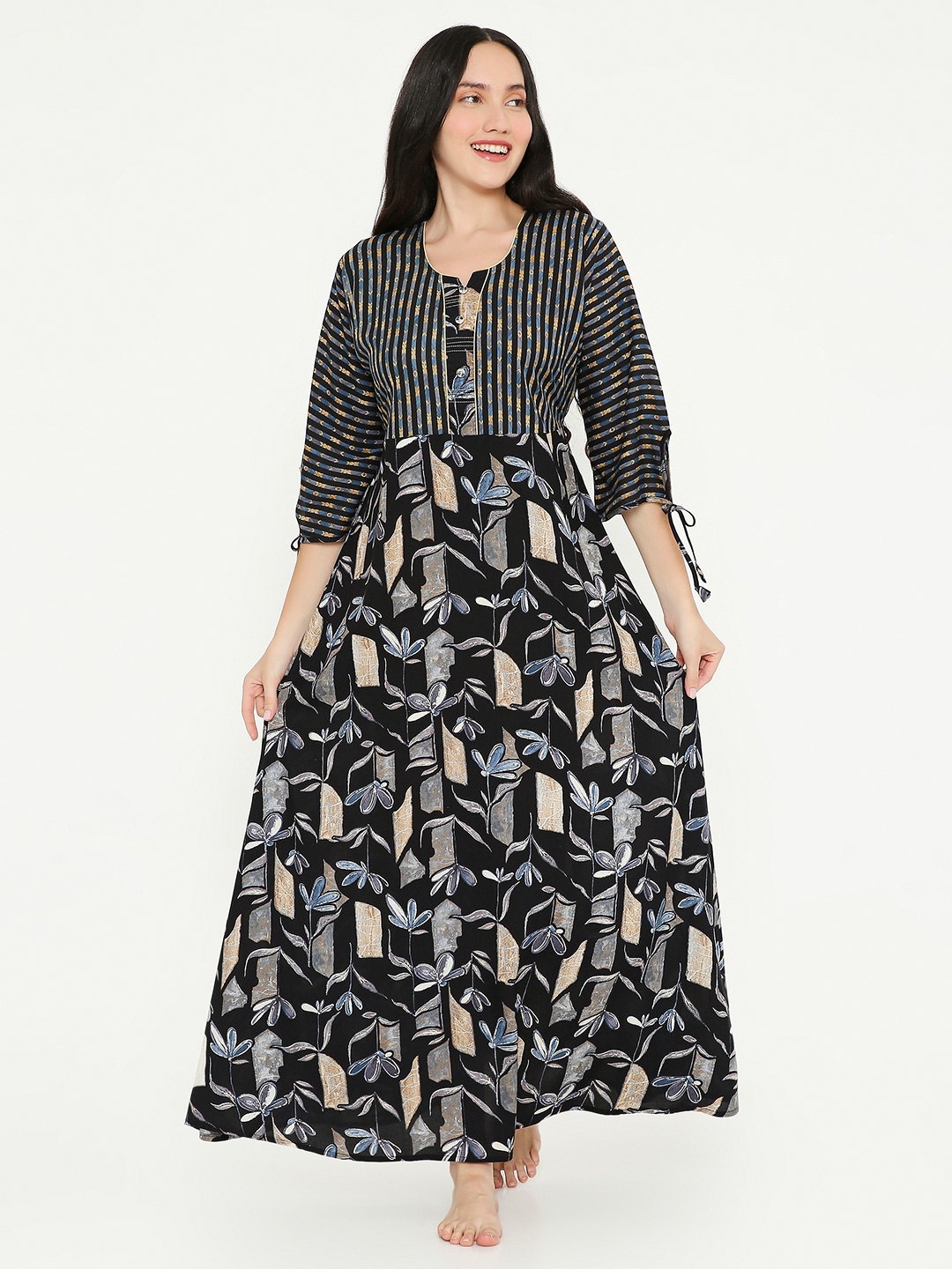 

NIGHTSPREE Women Printed V-Neck Maxi Nightdress, Black