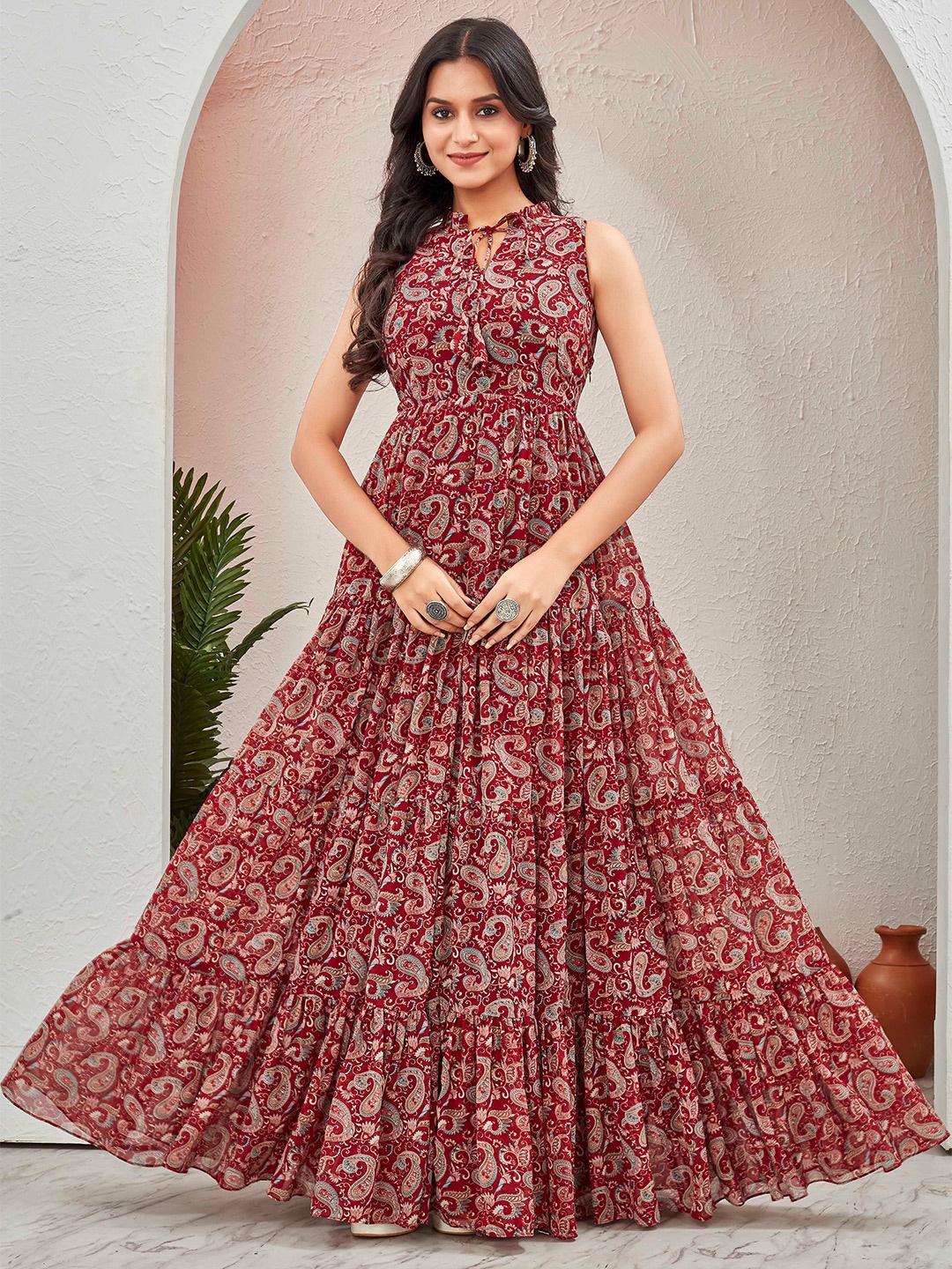 

CHANSI Women Ethnic Motifs Print Tie-Up Neck Layered Fit & Flare Maxi Dress, Red
