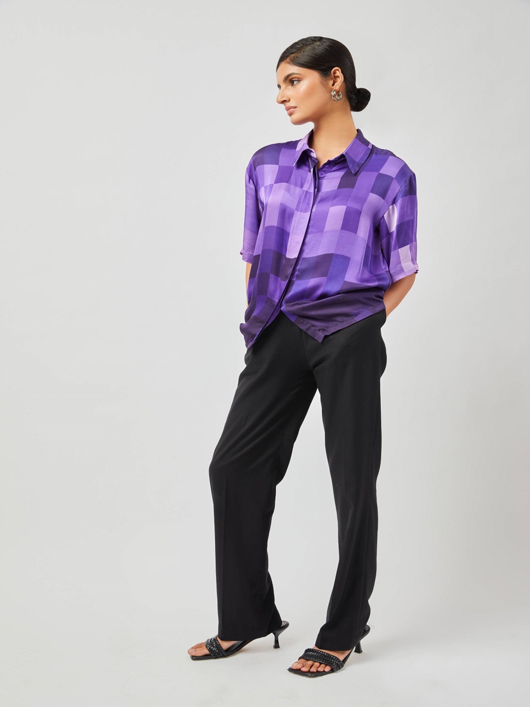 

Contemponari Checked Shirt Collar Short Sleeves Shirt With Trouser, Purple
