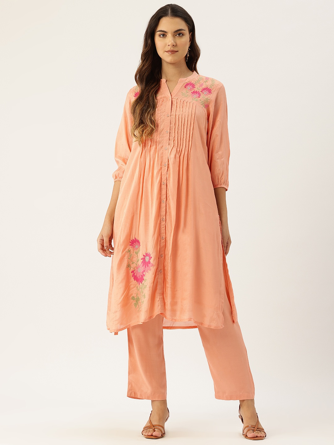 

MISRI Floral Embroidered Pleated Thread Work Silk Chiffon Kurta with Trousers, Orange