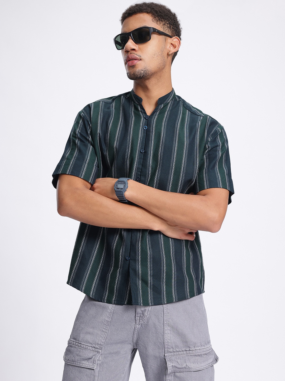 

glitchez Casual Edit Striped Woven Shirt, Green