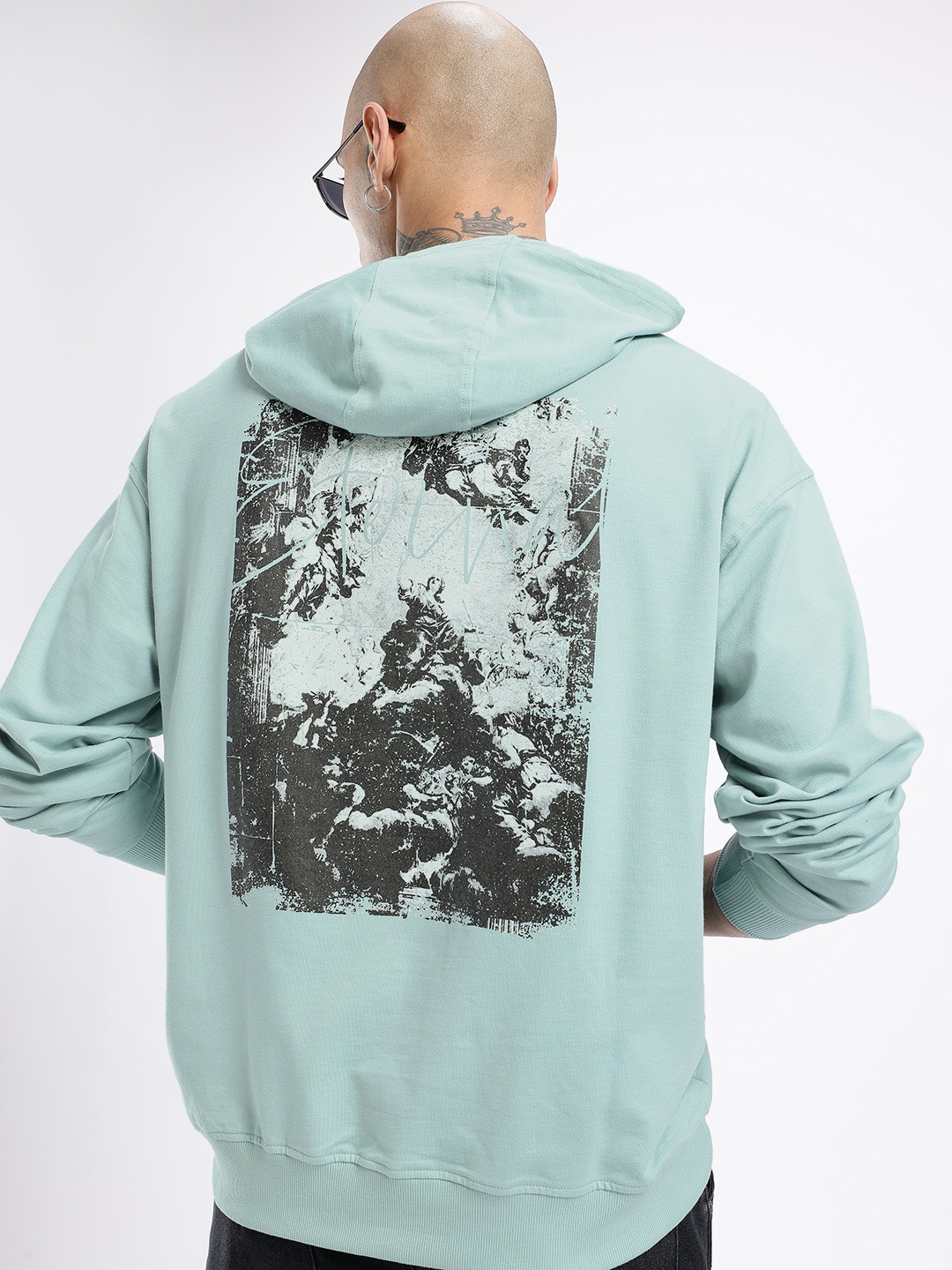 

glitchez Urban Savvy Printed Cotton Terry Oversized Hooded Sweatshirt, Blue