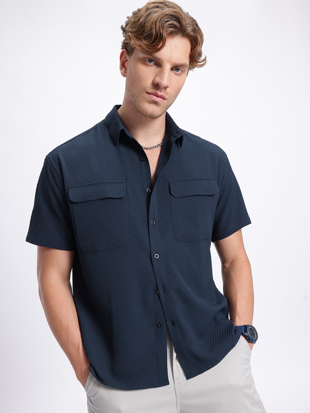 

glitchez Timeless Textures Pocket Detail Relaxed Shirt, Navy blue