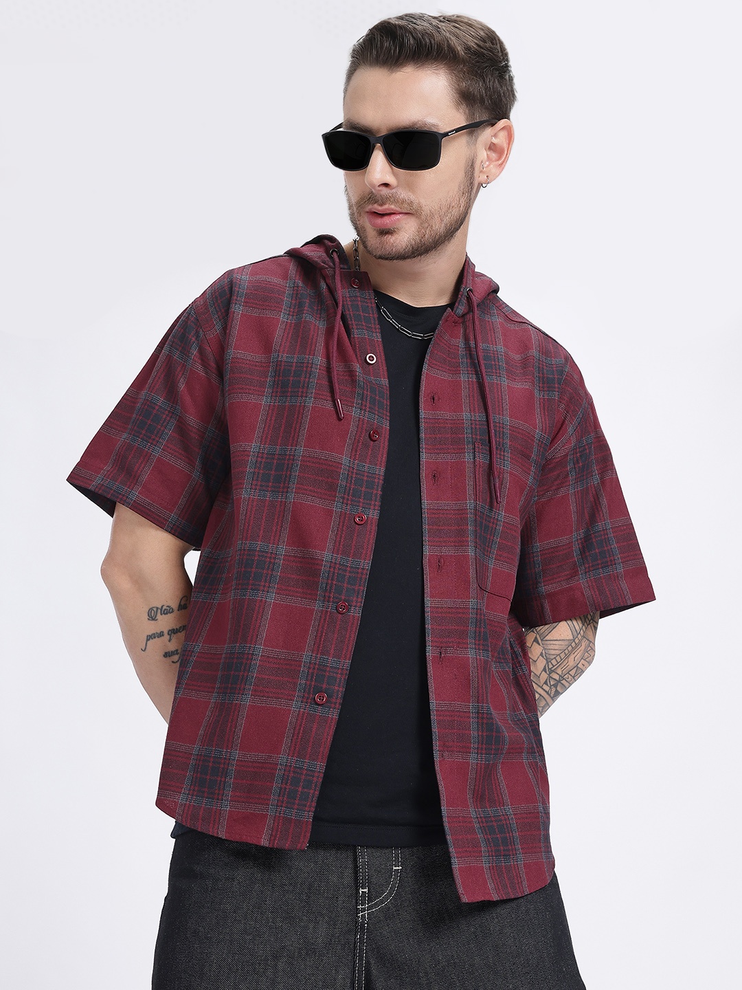 

glitchez Effortless Cool Hooded Checked Casual Shirt, Burgundy