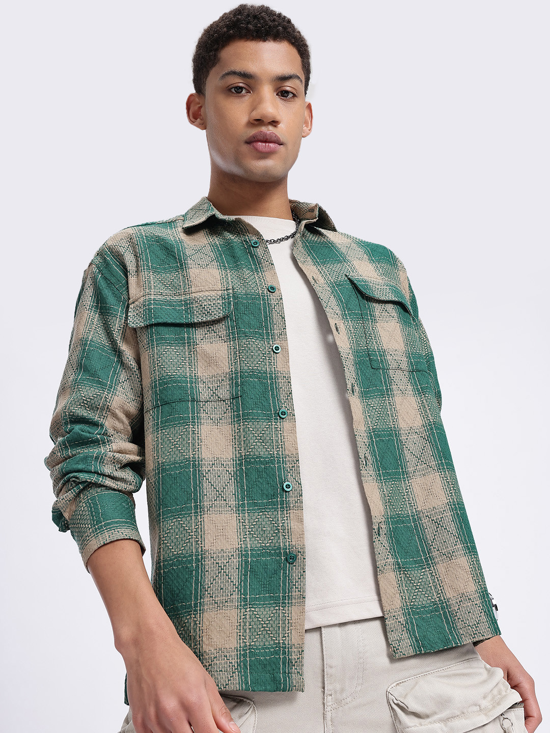 

glitchez Plaid Perfection Flap Pocketed Relaxed Shirt, Green