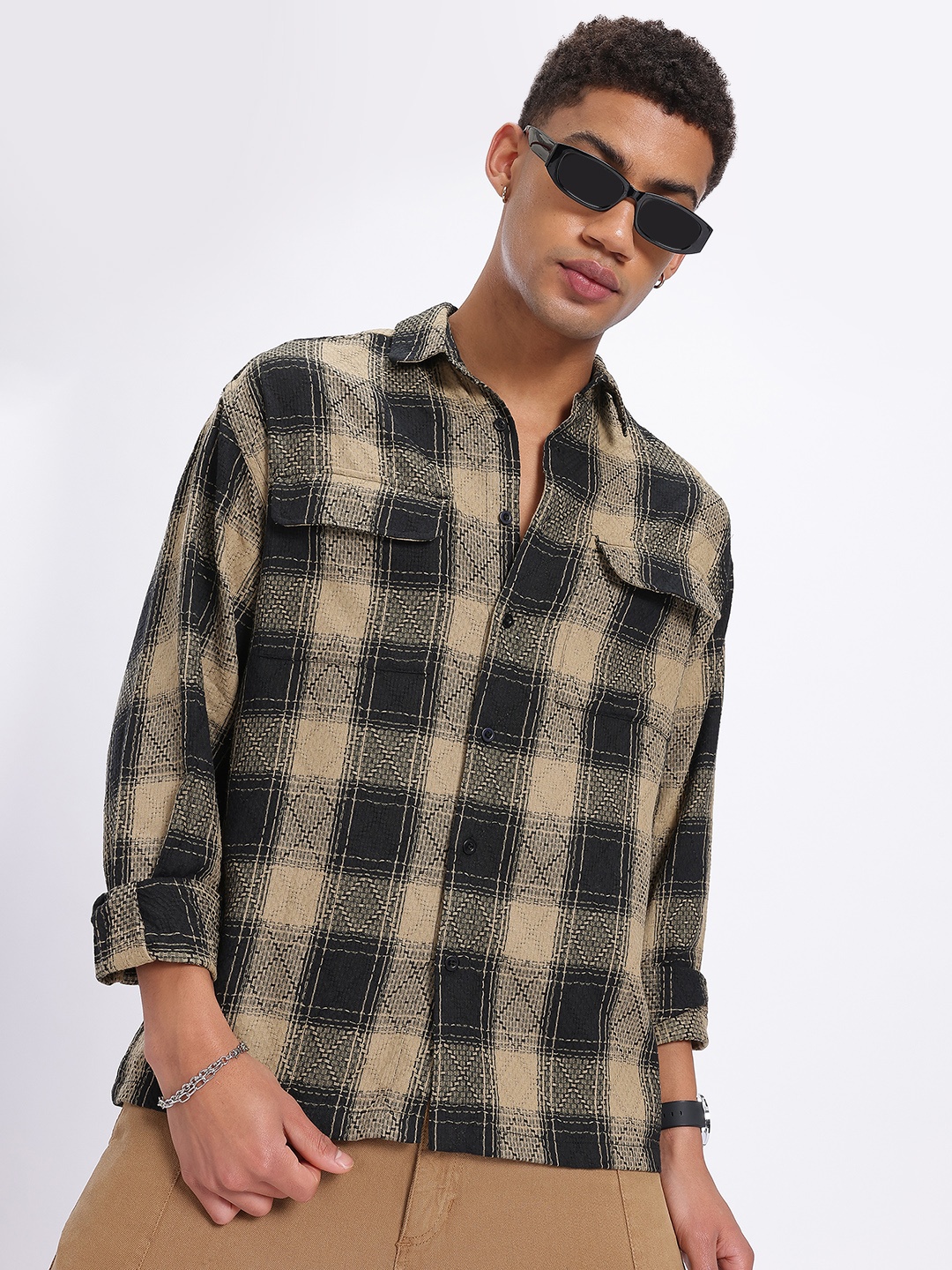 

glitchez Textured Luxe Monochrome Checked Shirt, White