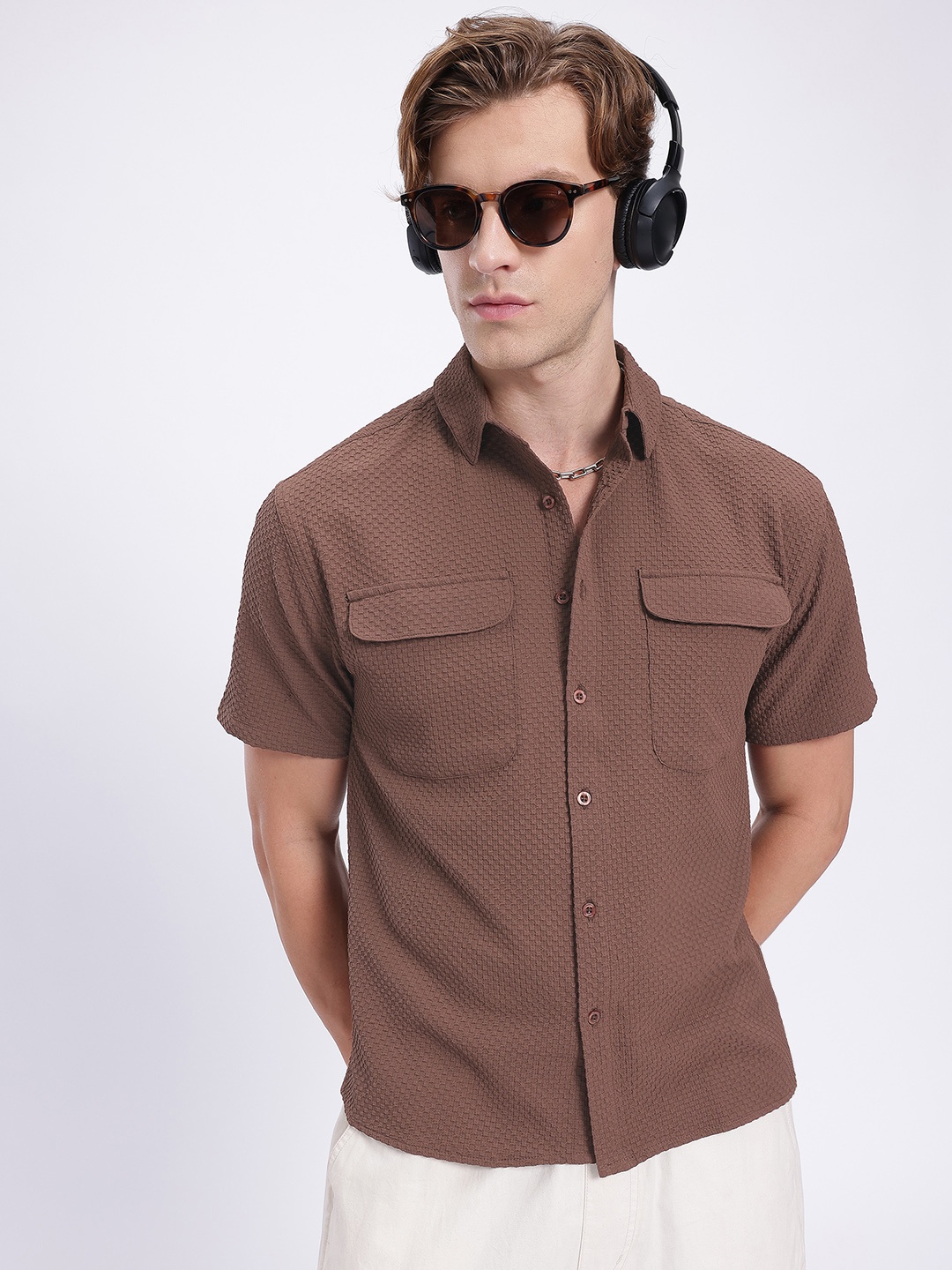 

glitchez Textured Edge Flap Pocketed Shirt, Brown
