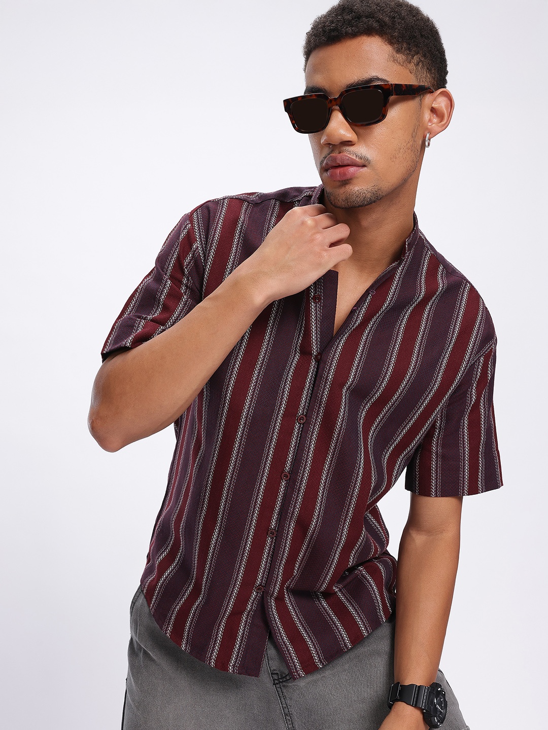 

glitchez Subtle Stripes Self-Design Pure Cotton Mandarin Collar Shirt, Brown