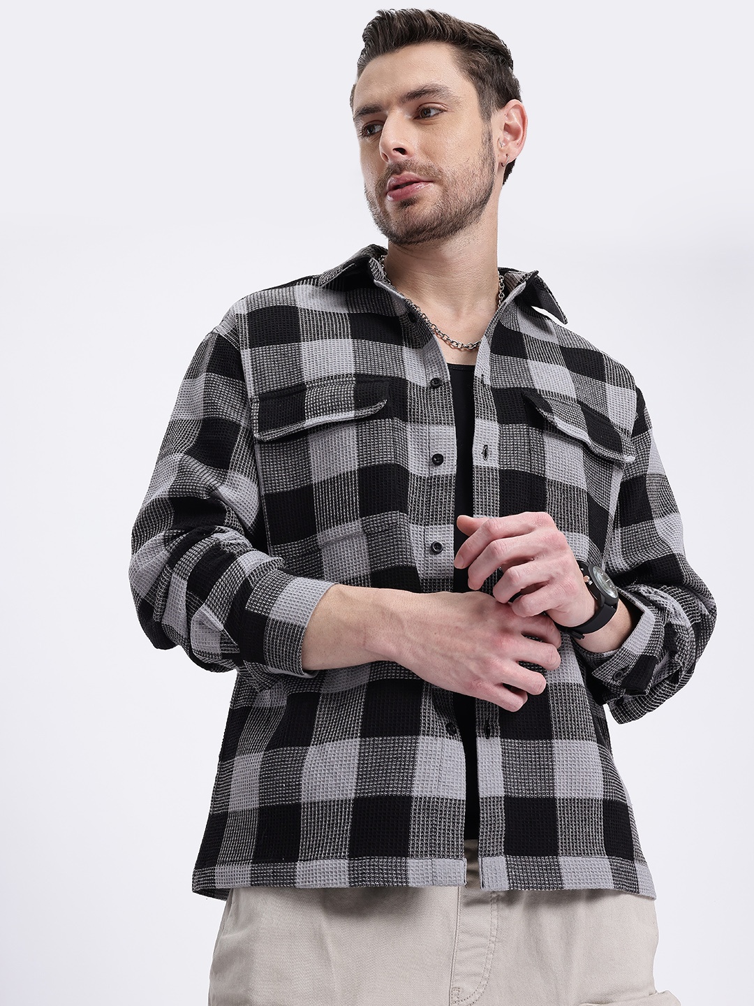 

glitchez Checkered Goals Flap Pocketed Textured Shirt, Black