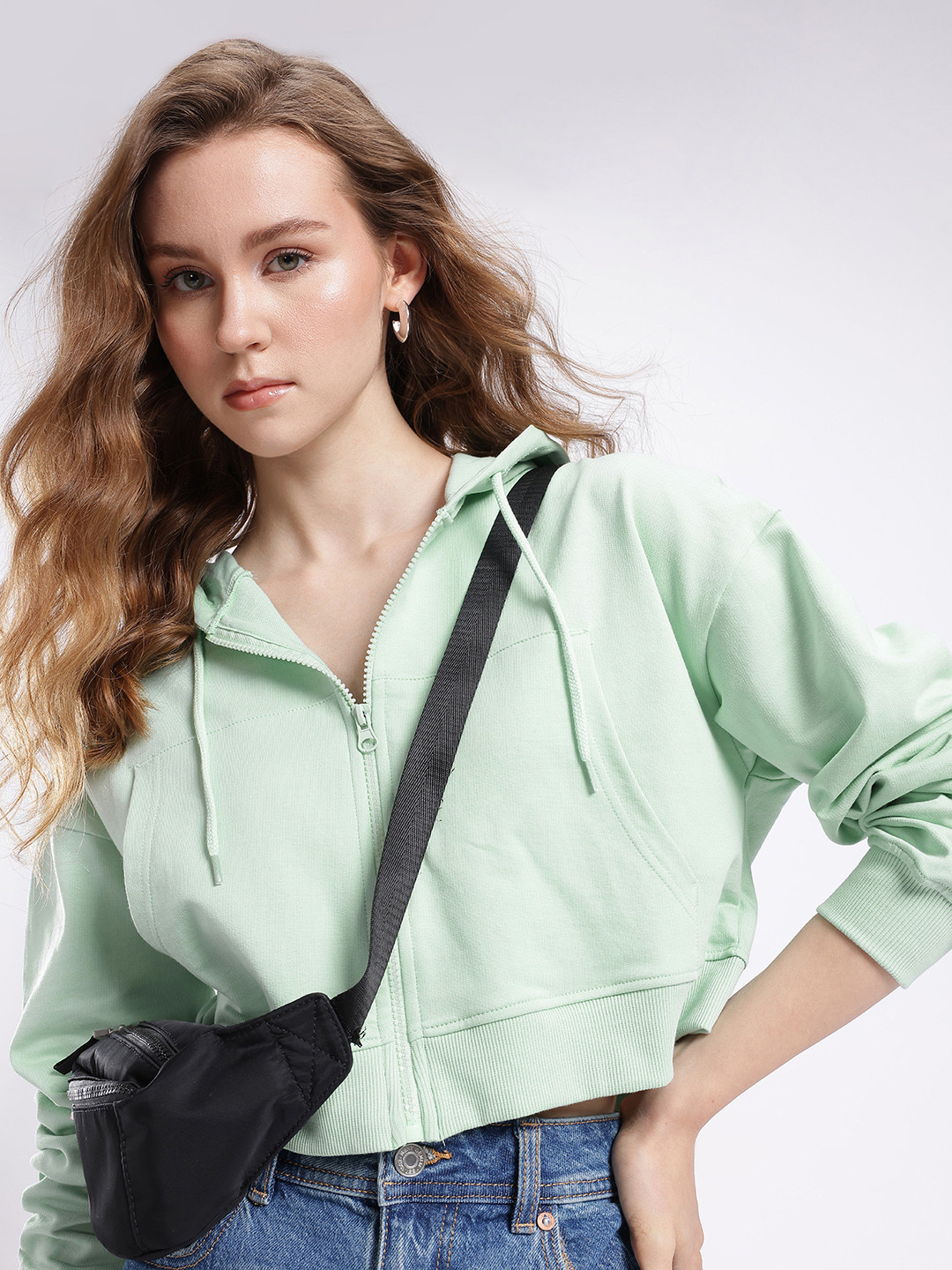 

glitchez Chic Swag Hooded Cotton Terry Boxy Crop Sweatshirt, Green
