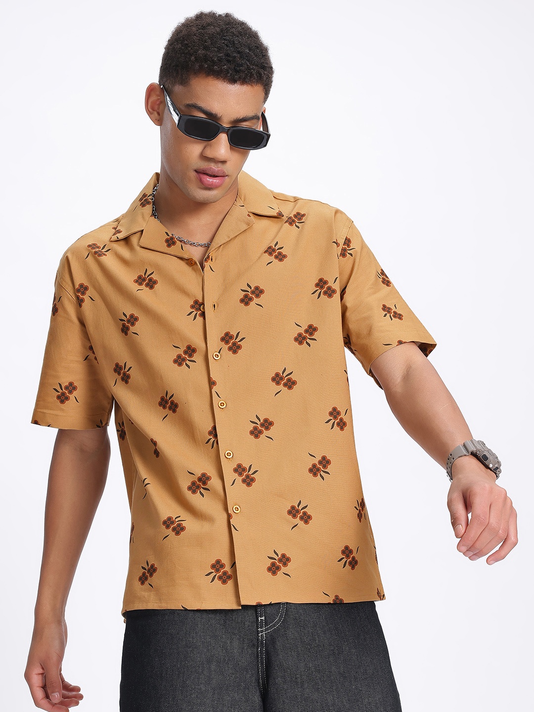

glitchez Floral Fusion Printed Relaxed Shirt, Beige