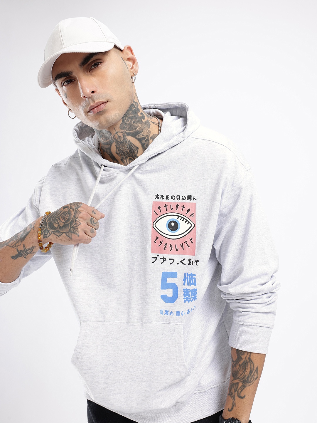 

glitchez Urban Savvy Printed Cotton Terry Oversized Hooded Sweatshirt, Grey melange
