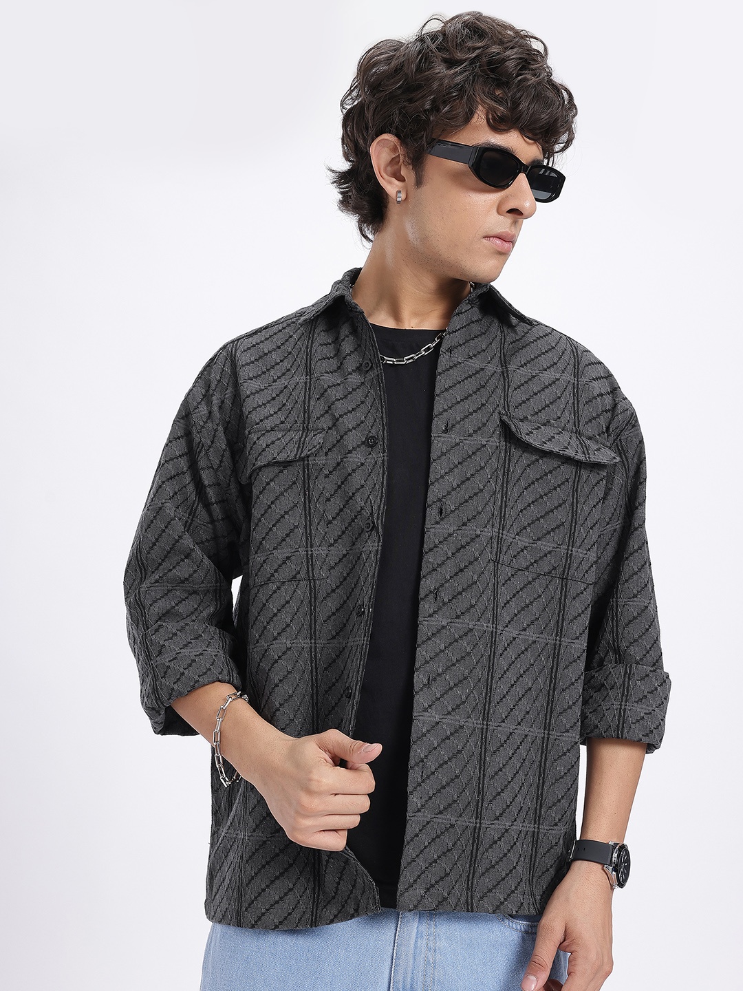 

glitchez Urban Plaid Woven Design Oversized Shirt, Charcoal
