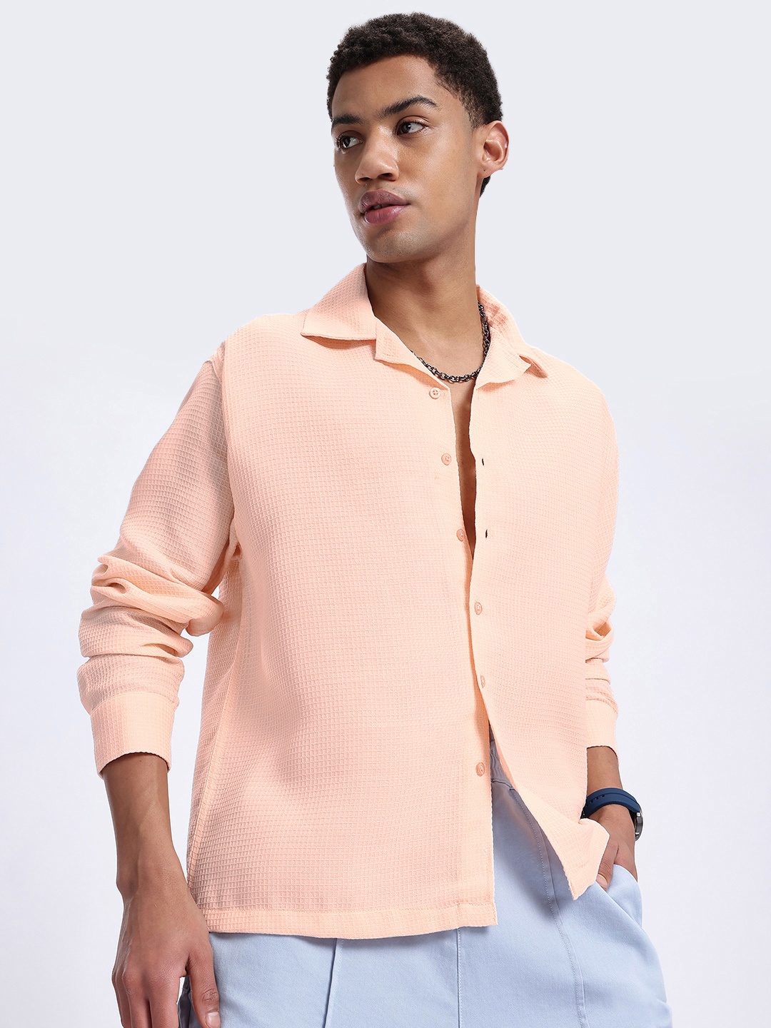 

glitchez Textured Drip Drop-Shoulder Shirt, Peach