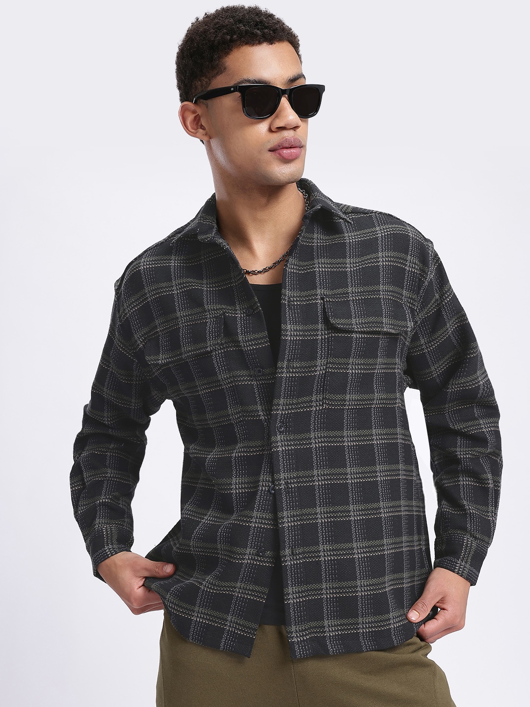 

glitchez Checkered Goals Relaxed Shacket, Black