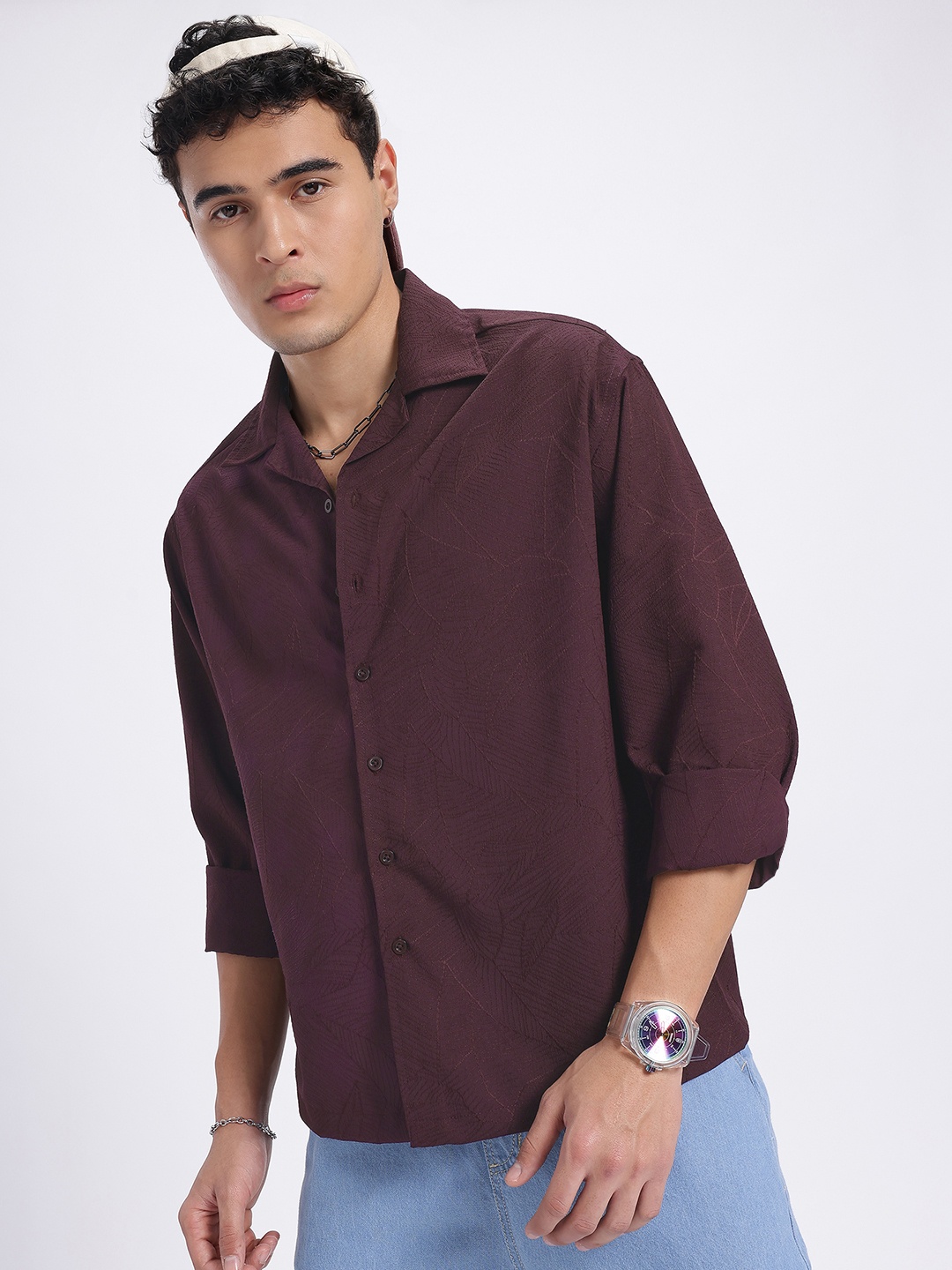 

glitchez Thread Theory Embroidered Detail Oversized Fit Shirt, Burgundy