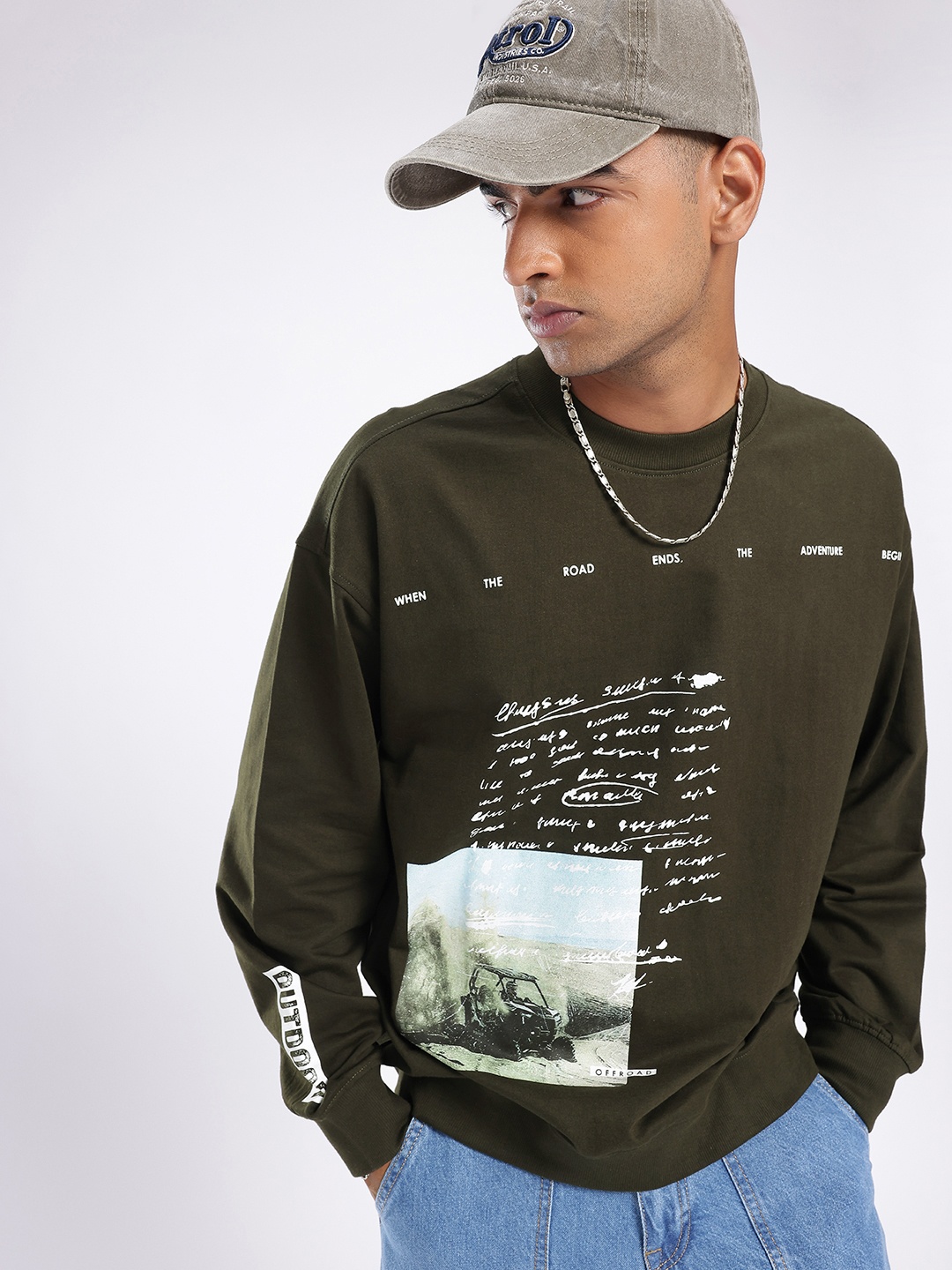 

glitchez Modern Swag Cotton Terry Graphic Printed Oversized Sweatshirt, Olive