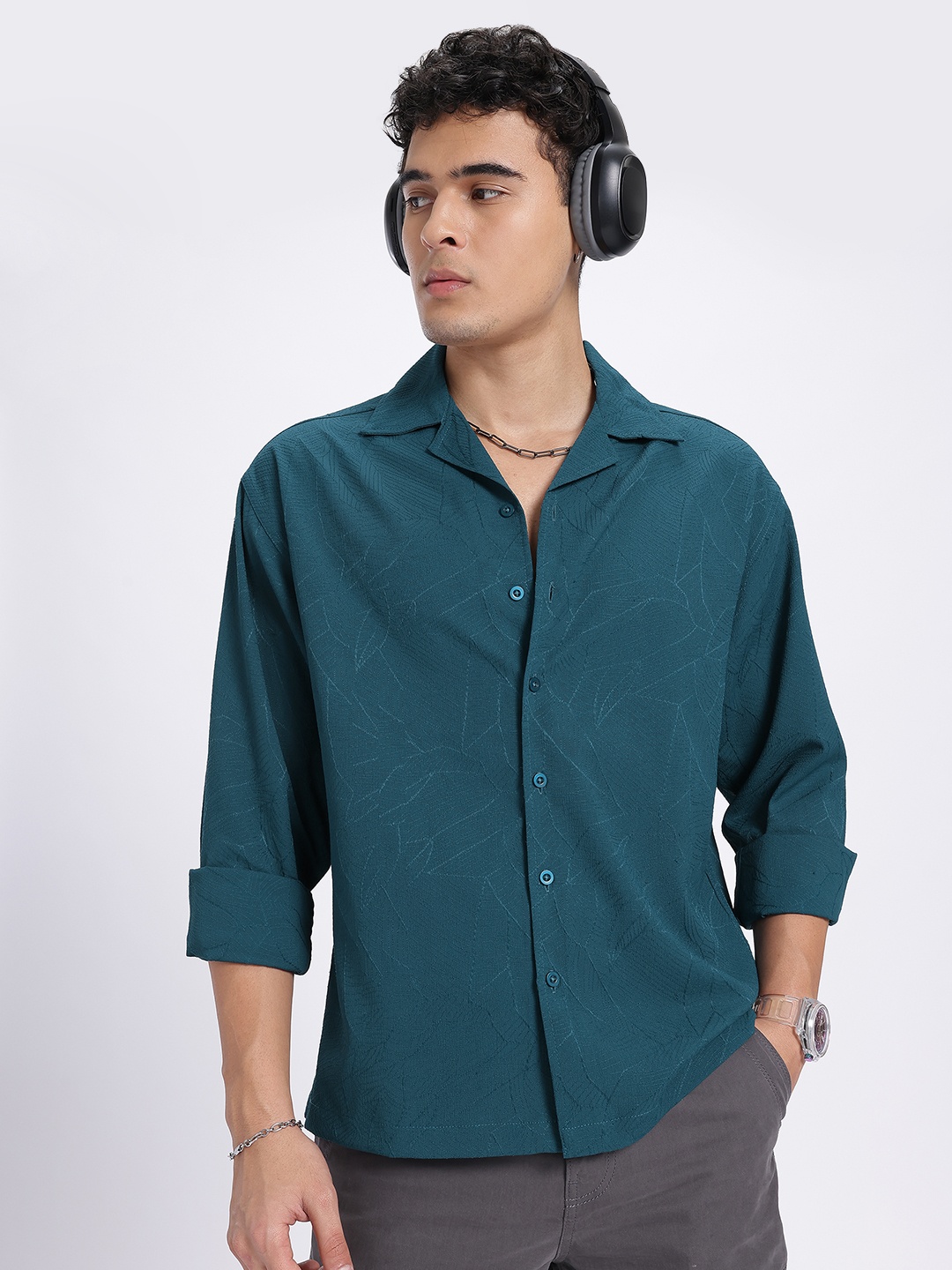

glitchez Luxe Lines Embroidered Detail Oversized Fit Shirt, Teal