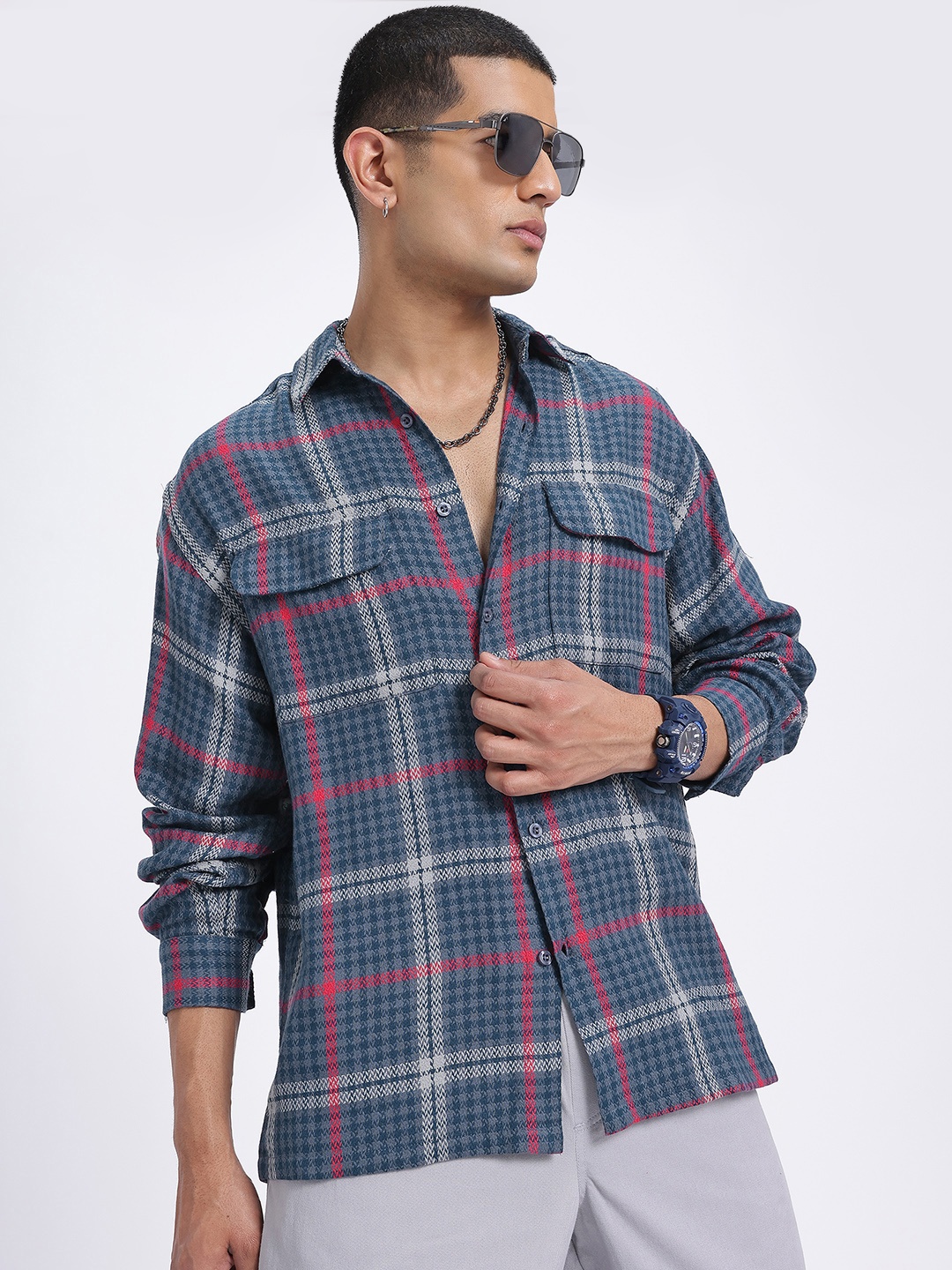 

glitchez Tartan Tribe Checked Oversized Shirt, Blue