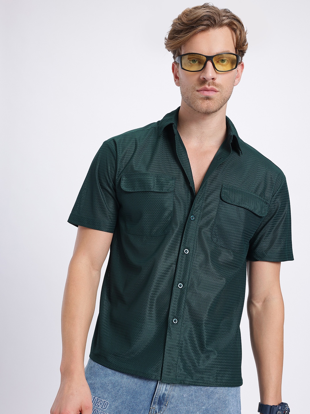 

glitchez Forest Glimmer Textured Relaxed Shirt, Green