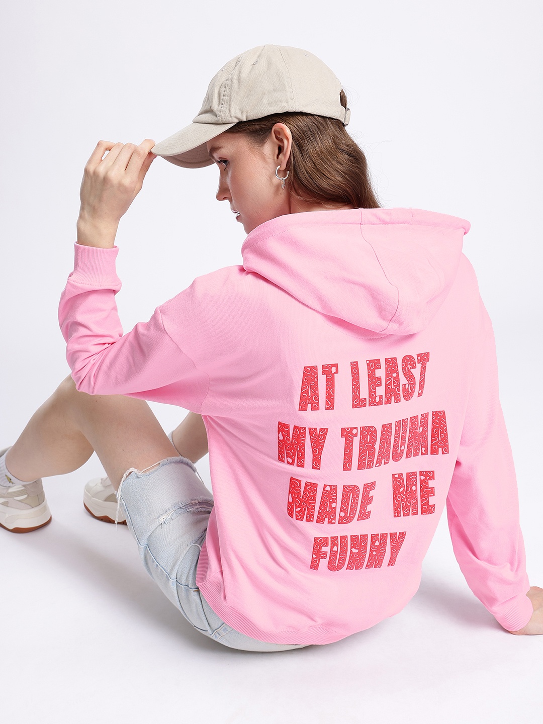 

glitchez Modern Savvy Typography Printed Cotton Terry Hooded Oversized Sweatshirt, Pink