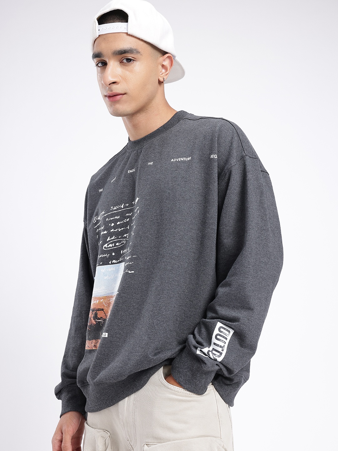 

glitchez Laid-back Luxe Printed Cotton Terry Oversized Sweatshirt, Grey