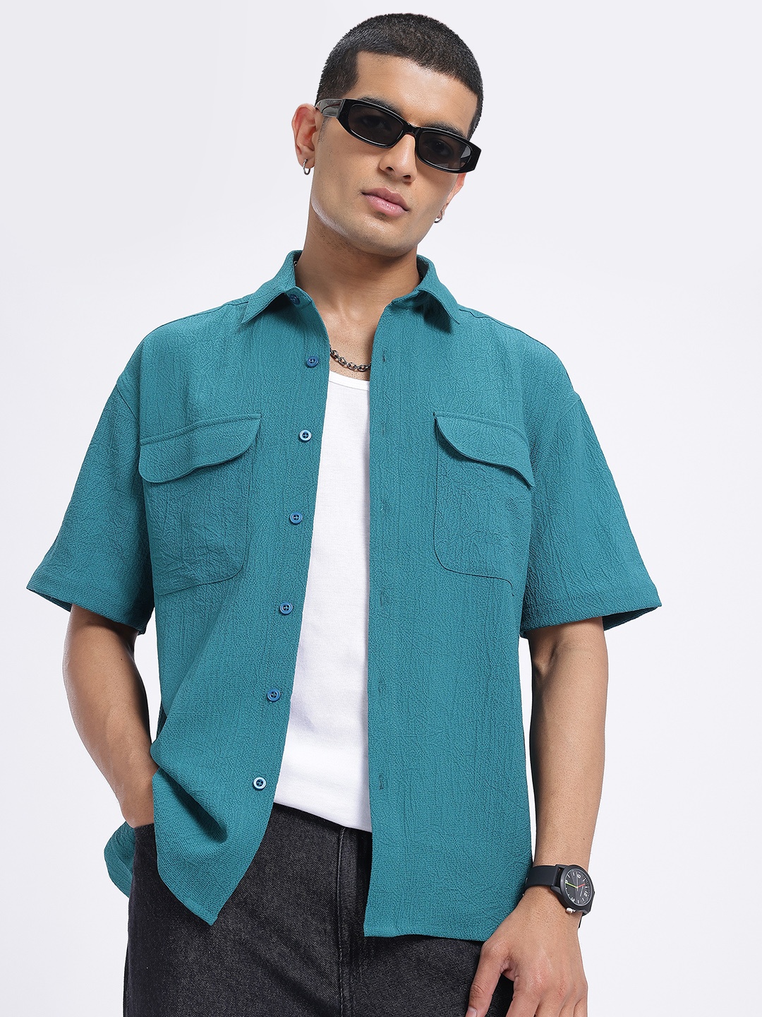 

glitchez Utility Meets Cool Crinkled Relaxed Fit Casual Shirt with Pockets, Teal