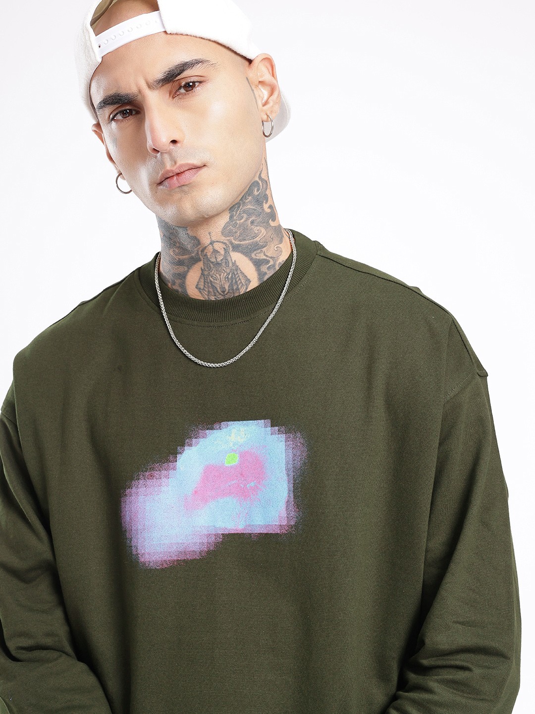 

glitchez Urban Dope Printed Cotton Terry Oversized Sweatshirt, Olive