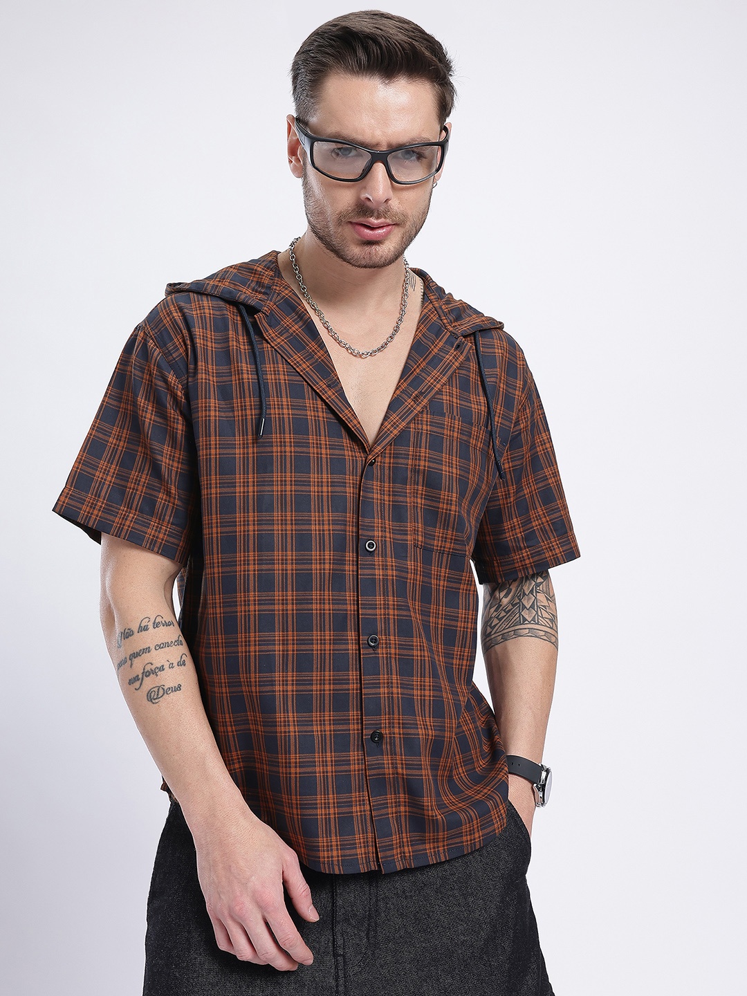 

glitchez Casual Checks Hooded Relaxed Shirt, Navy blue
