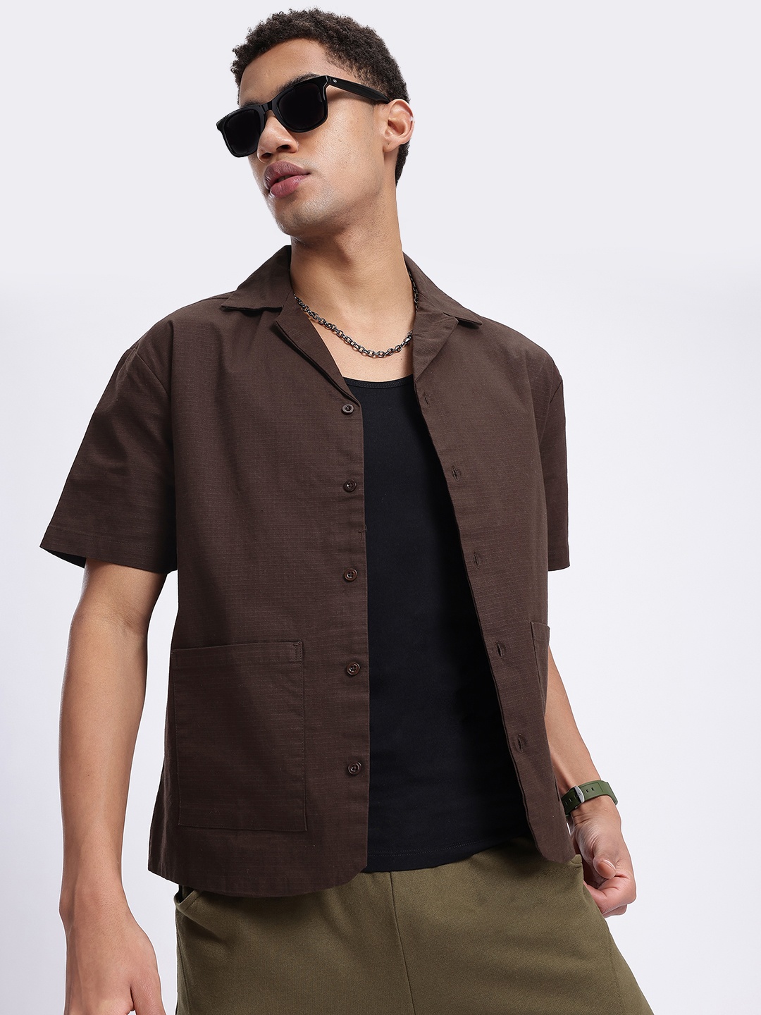 

glitchez Functional Fashion Textured Oversized Shirt, Brown