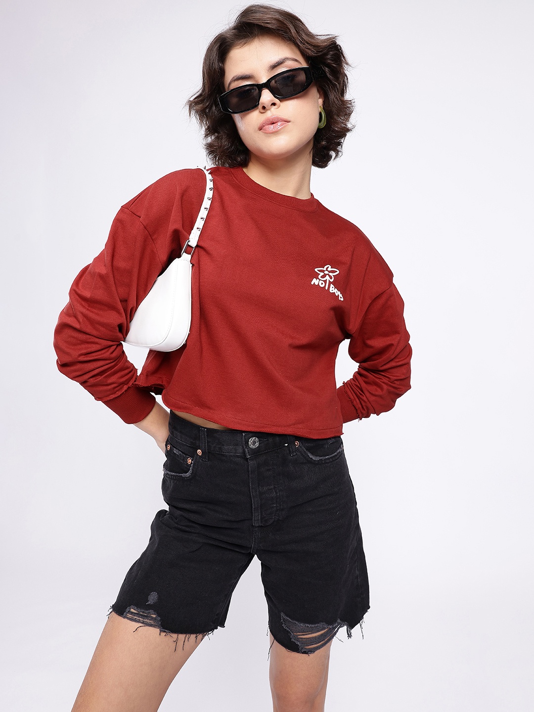 

glitchez Modern Vibe Minimal Print Boxy Fit Crop Sweatshirt, Maroon