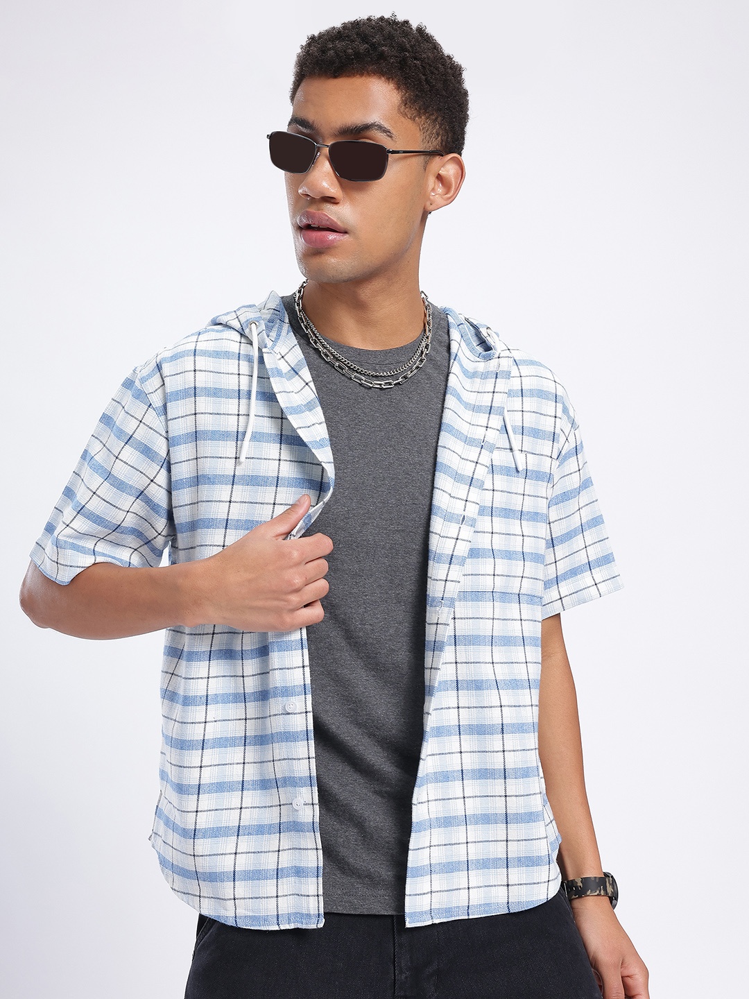 

glitchez Rugged Layers Checked Hooded Shirt, White