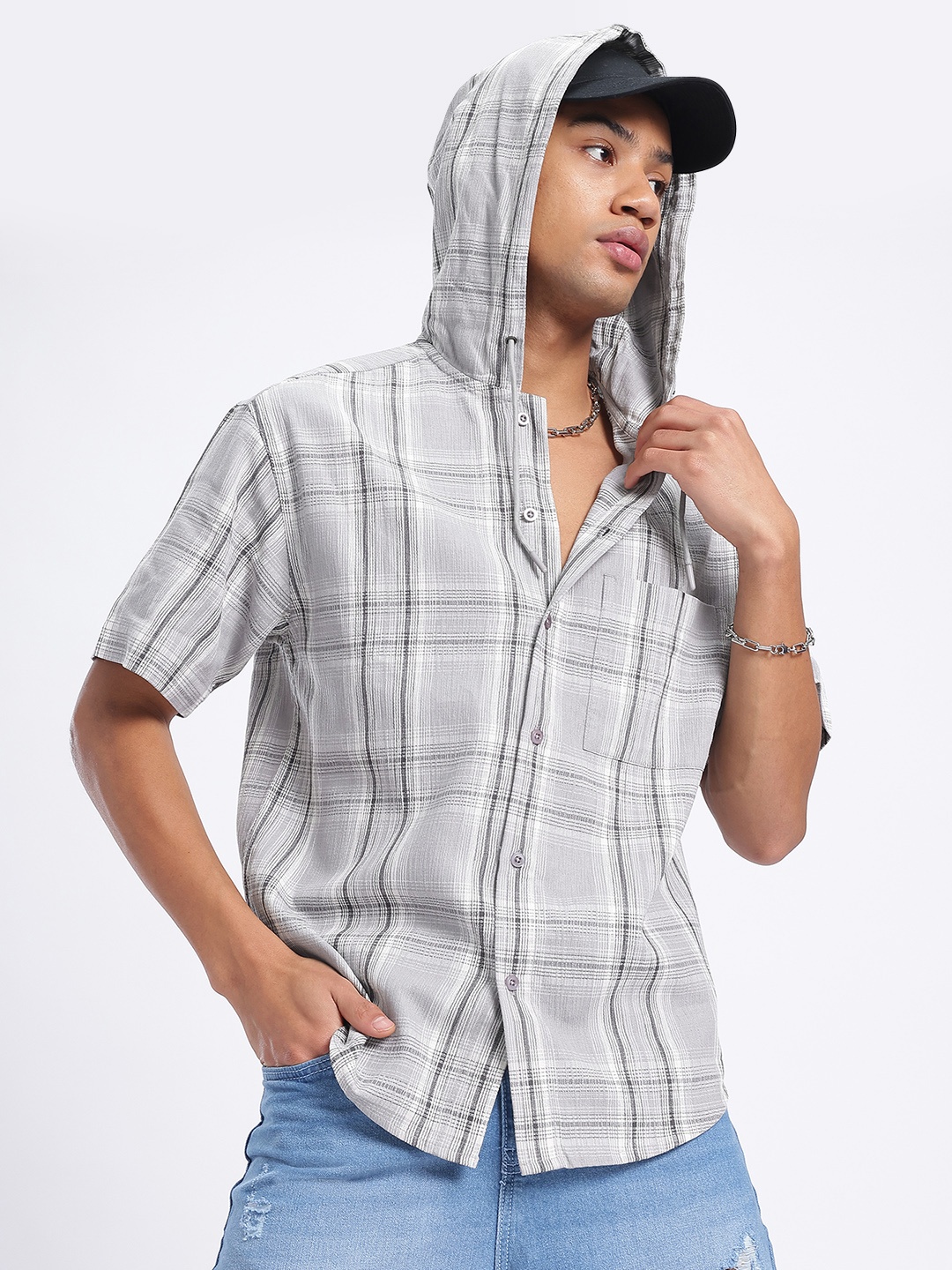 

glitchez Urban Knitwear Checked Hooded Shirt, Grey