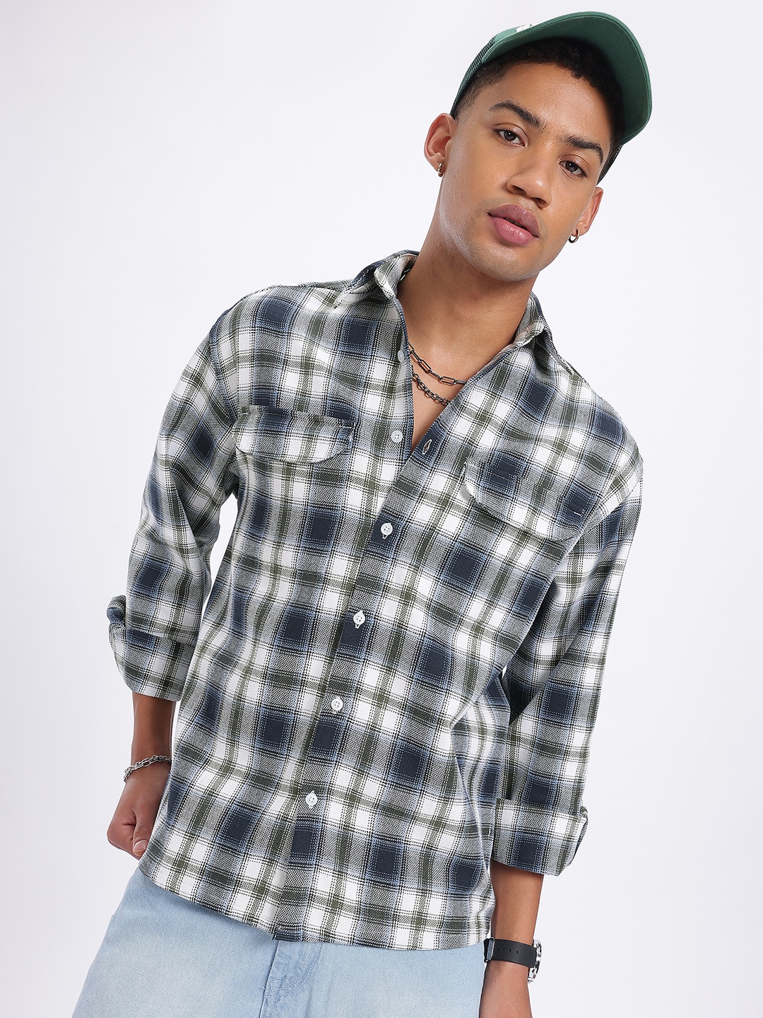 

glitchez Pocket Pop Checked Pocket Detail Oversized Shirt, White