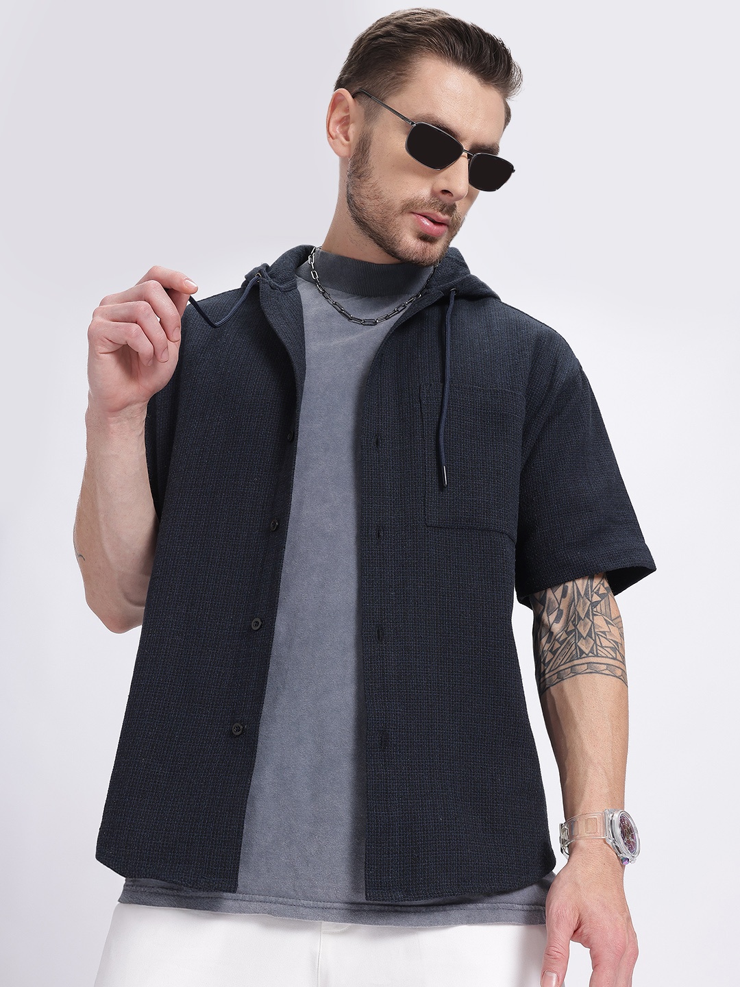 

glitchez Hooded Comfort Tweed Relaxed Shirt, Navy blue