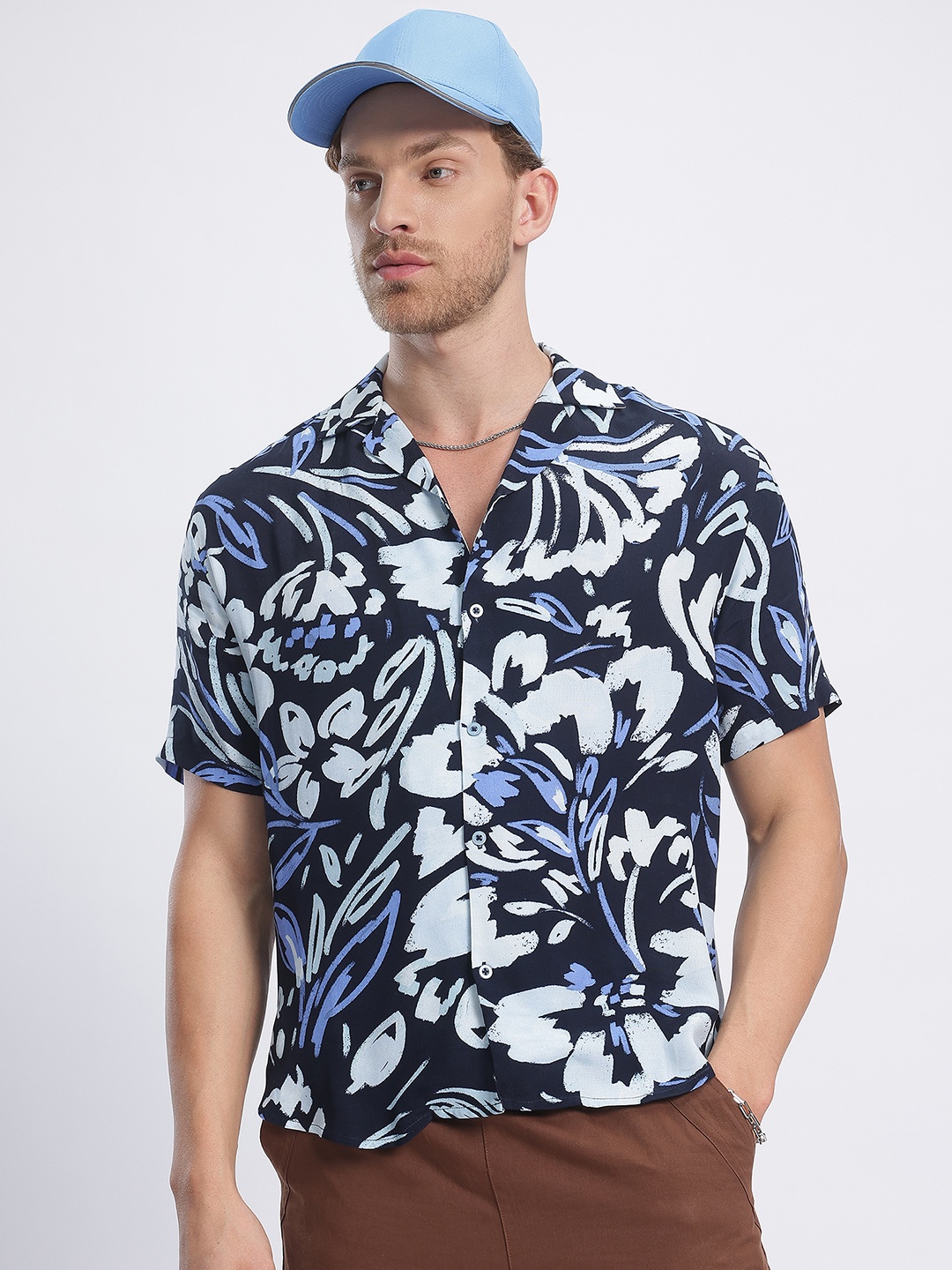 

glitchez Floral Play Bowling Shirt, Navy blue