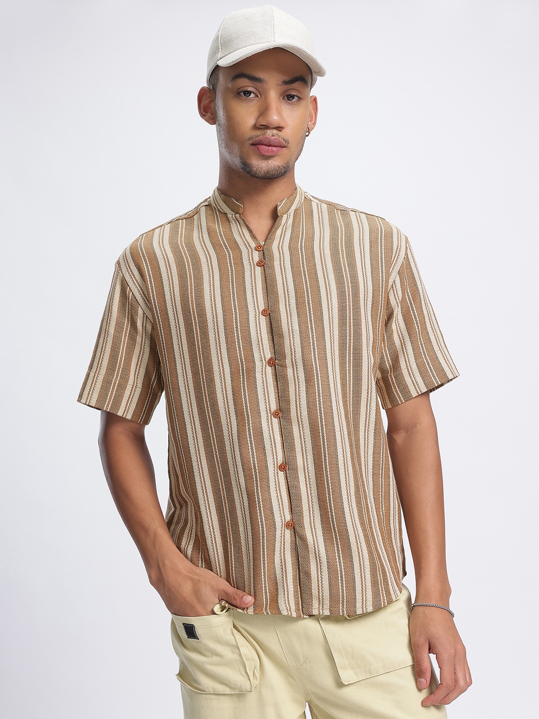 

glitchez Classic Woven Striped Shirt, Khaki