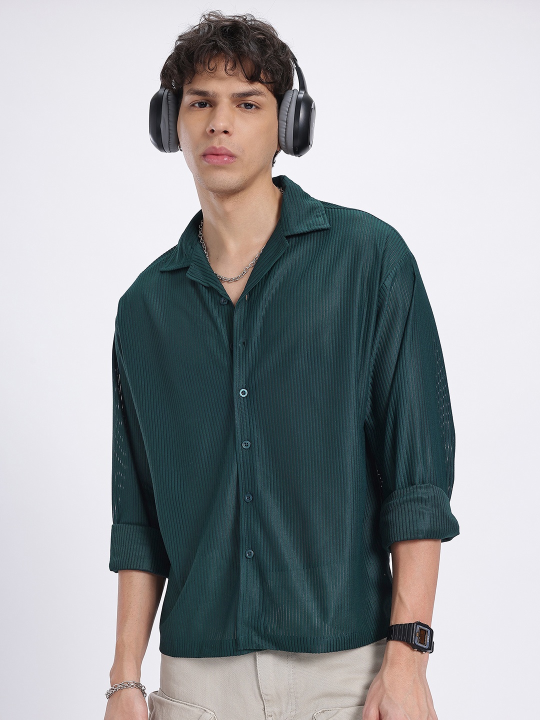 

glitchez Striped Whisper Self-Striped Oversized Fit Shirt, Green
