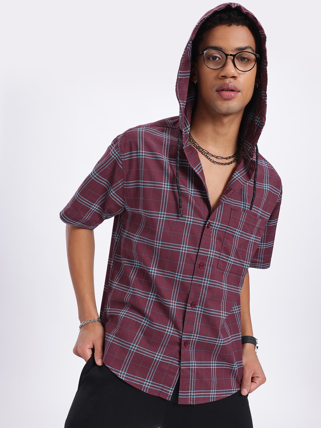 

glitchez Chill Check Hooded Checked Shirt, Maroon