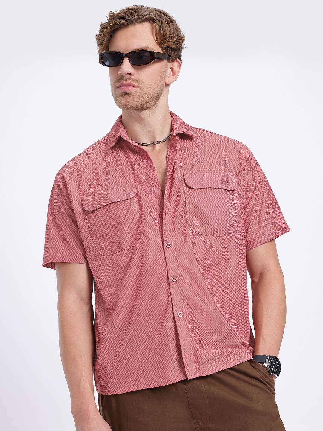 

glitchez Chevron Galore Breezy Relaxed Fit Short Sleeves Shirt, Rose