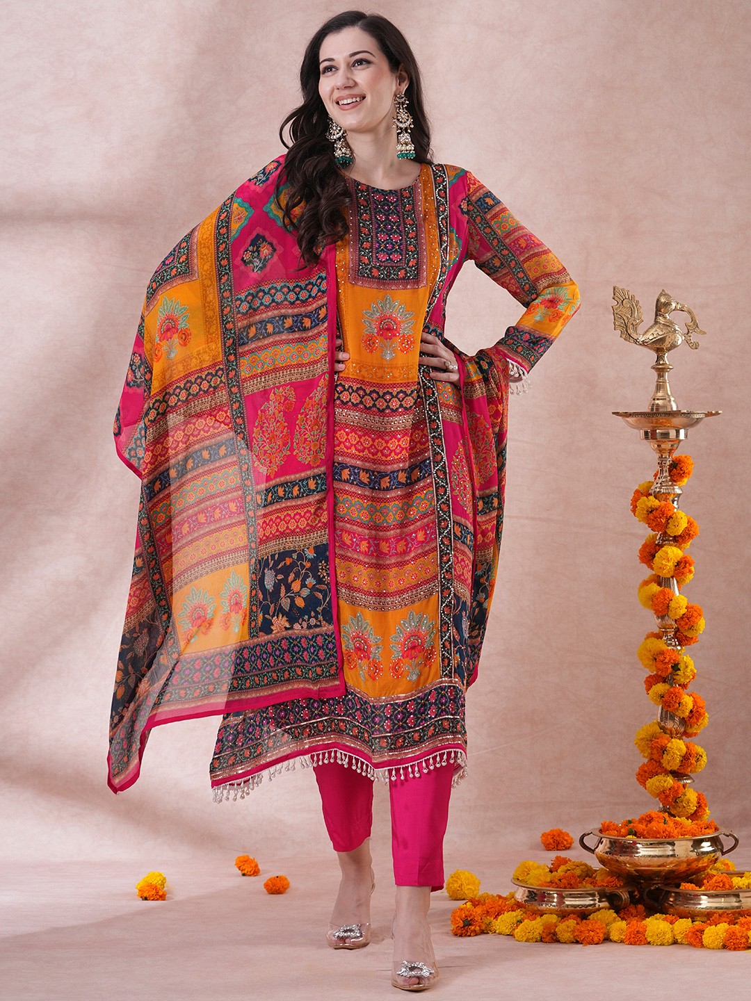 

FASHOR Round Neck Ethnic Motifs Printed Chiffon A-Line Kurta with Trousers & With Dupatta, Blue