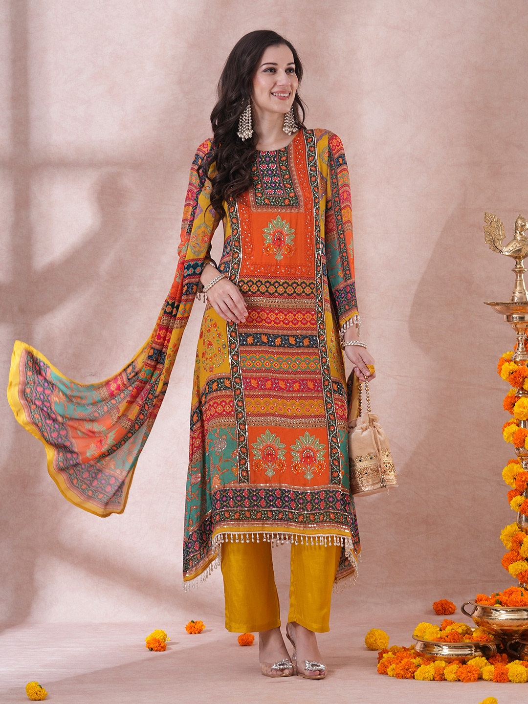 

FASHOR Round Neck Ethnic Motifs Printed Asymmetric A-Line Kurta with Palazzo & Dupatta, Orange